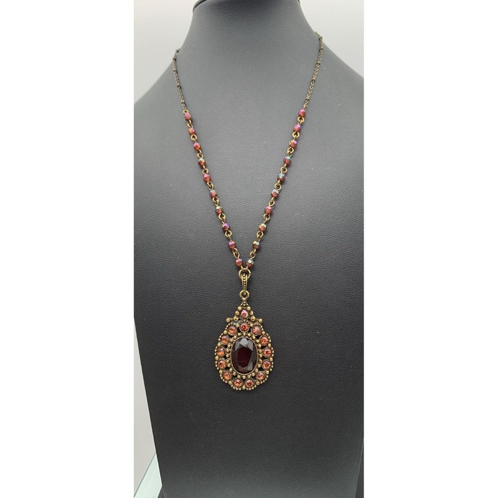 Vintage Avon Fancy Pendent Necklace Amber Brown Lucite Dark Brass Metal 18"